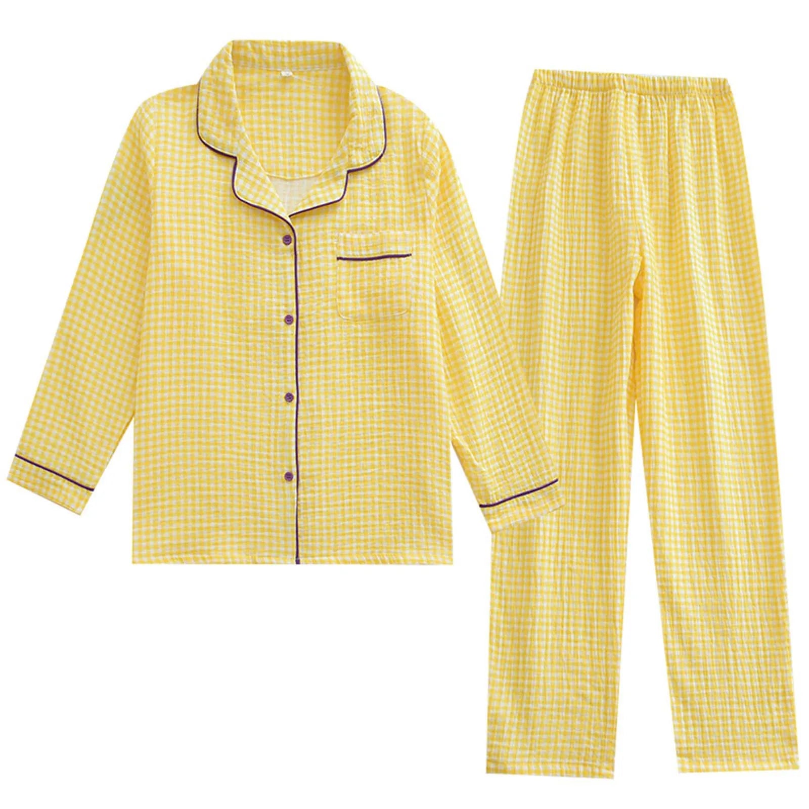 Solid Breathable Lovers 100％ Cotton Crepe Pajamas Sets Women Men Autumn Long Sleeve Fresh Soft Pijama Mujer Casual Pyjamas
