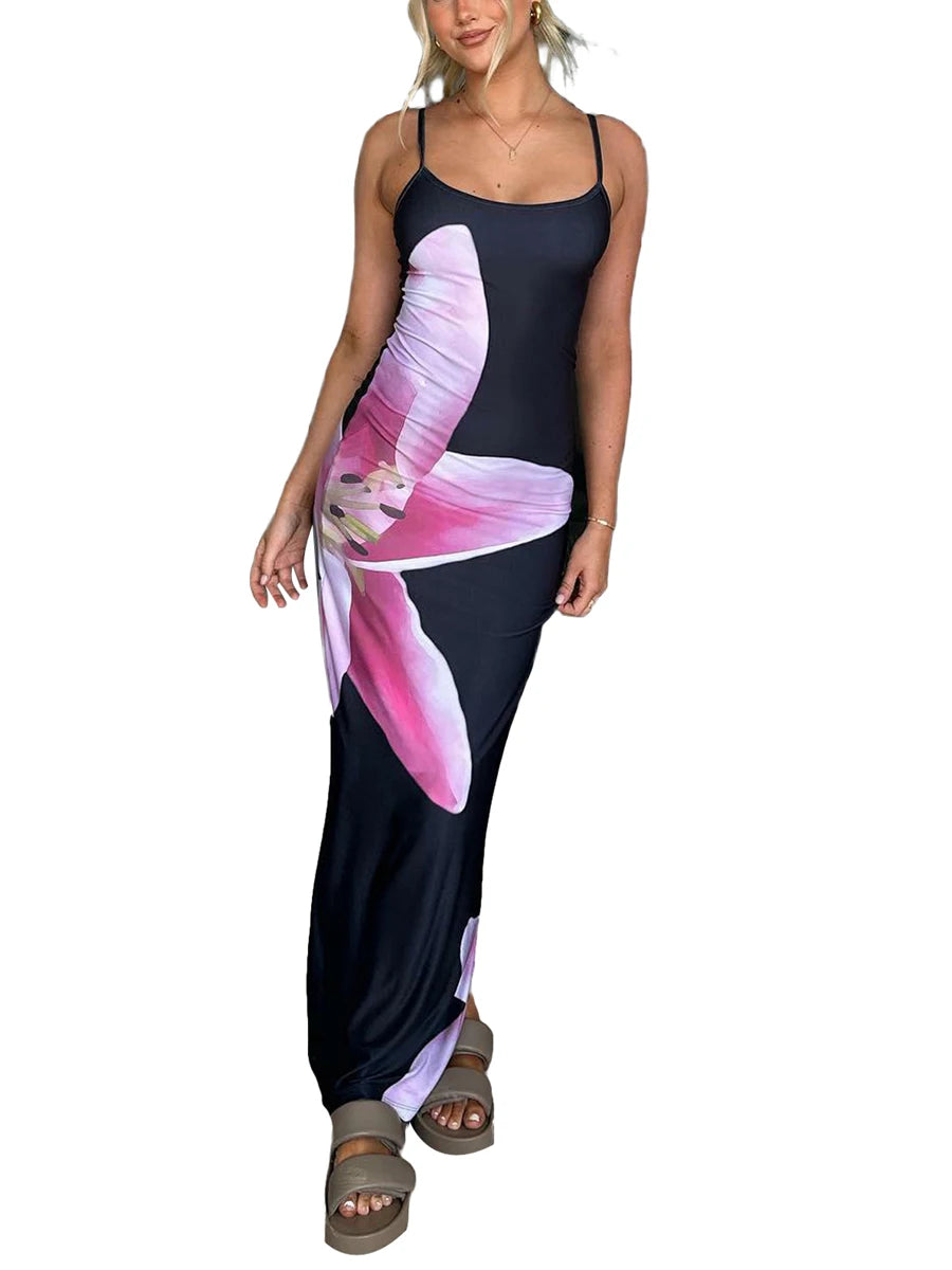 Women Spaghetti Strap Sleeveless Dress Summer Floral Print Long Party Dress for Cocktail Nightclub Beach