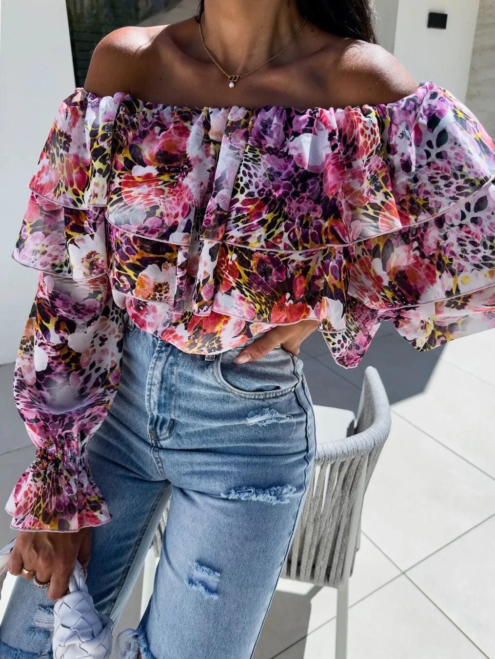 Women'S Boho Blouse off Shoulder Long Sleeve Shirts Holiday Floral Print Blusas Ruffled Elegant Chic Blouses Vacation Beach Tops
