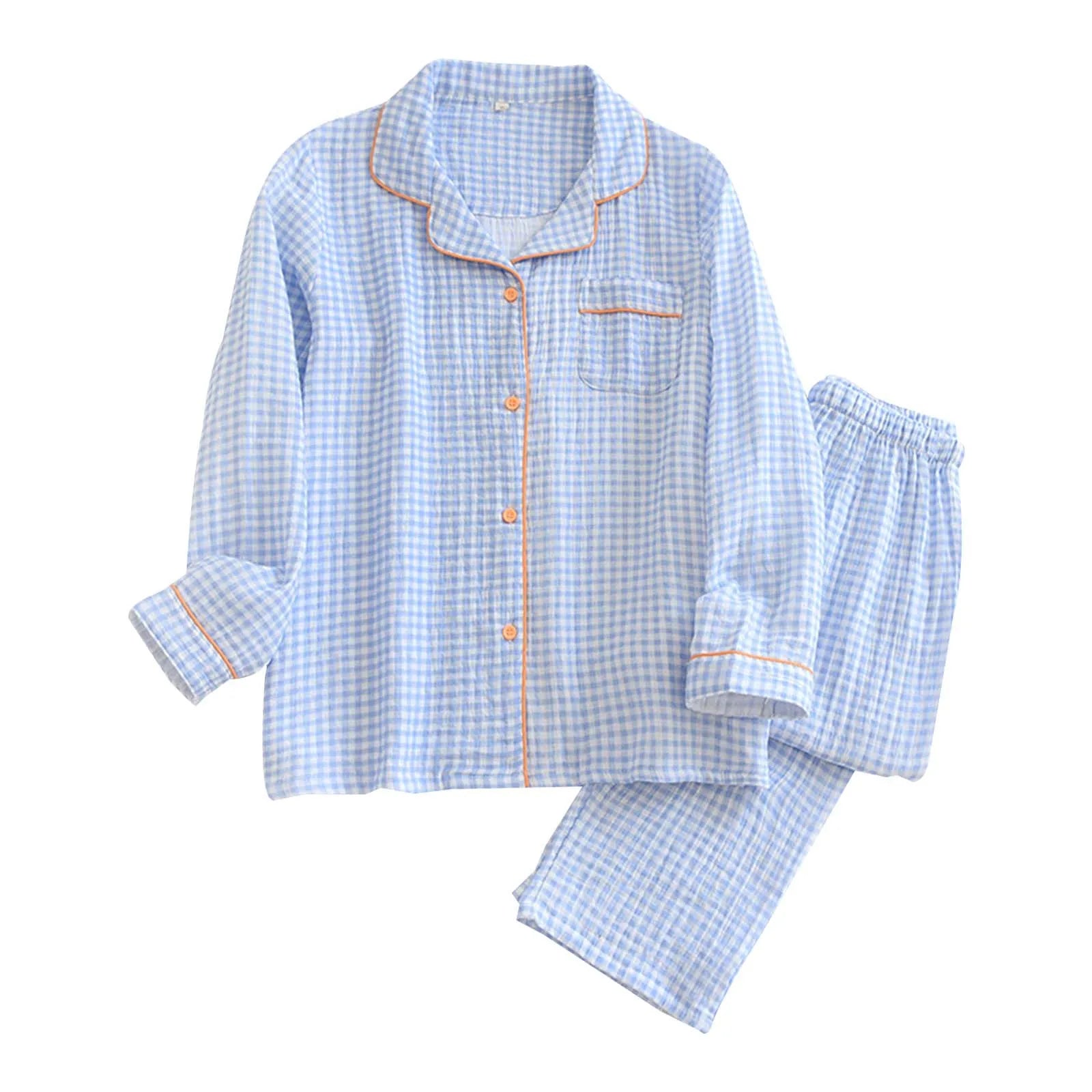Solid Breathable Lovers 100％ Cotton Crepe Pajamas Sets Women Men Autumn Long Sleeve Fresh Soft Pijama Mujer Casual Pyjamas