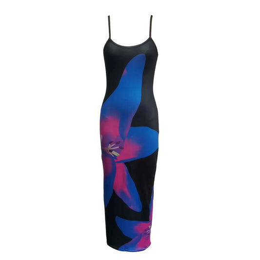 Women Spaghetti Strap Sleeveless Dress Summer Floral Print Long Party Dress for Cocktail Nightclub Beach