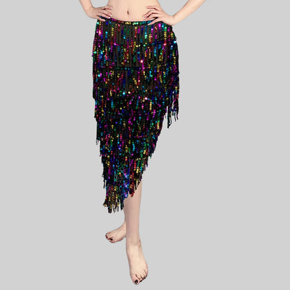 Women Belly Dance Triangle Sequins Skirt Sexy Elegant Long Tassel Hip Scarf Carnival Party Sequined Wrapped Hip Skirt