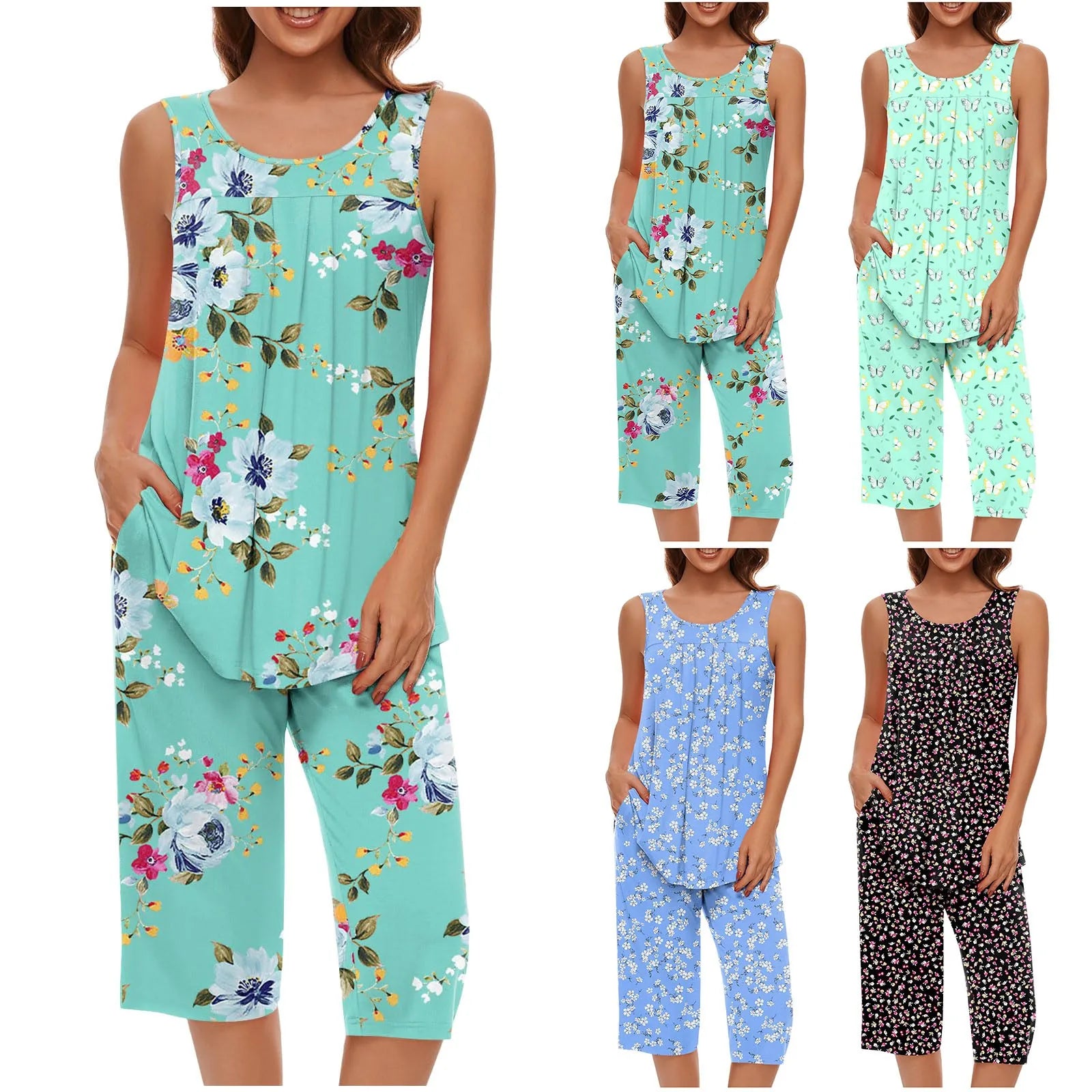 Women Soft Sleeveless Tank Top Sleepwear Capri Pants with Pocket Loungewear Sets Pajamas Sets Loose Satin Home Gown