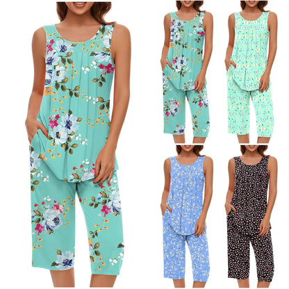 Women Soft Sleeveless Tank Top Sleepwear Capri Pants with Pocket Loungewear Sets Pajamas Sets Loose Satin Home Gown