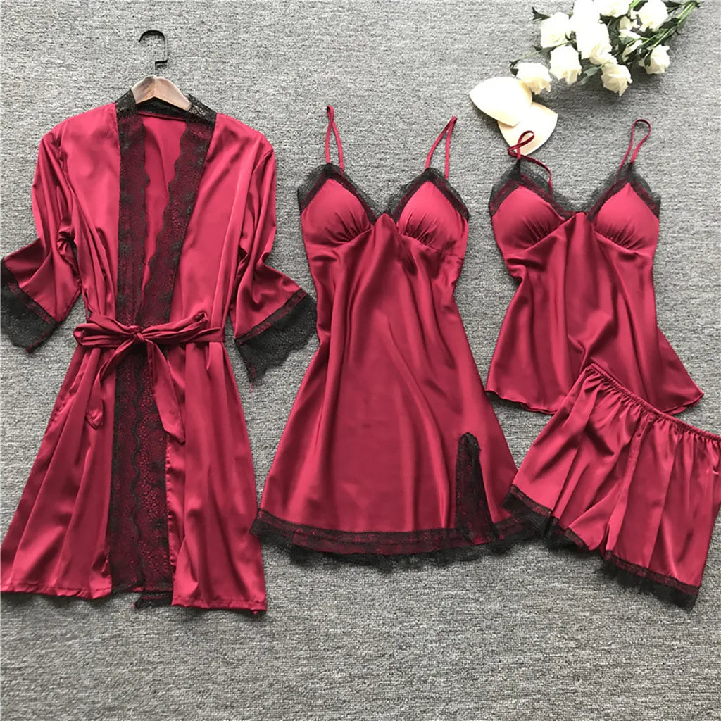 Lace Silk Pajamas Set Nightdress Sexy Lingerie Robe Women Sleepwear 4 Pieces Suits Sleeping Top and Shorts Femme Pijama Mujer Pj
