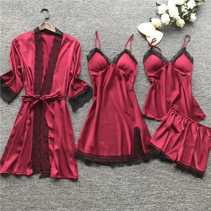 Lace Silk Pajamas Set Nightdress Sexy Lingerie Robe Women Sleepwear 4 Pieces Suits Sleeping Top and Shorts Femme Pijama Mujer Pj