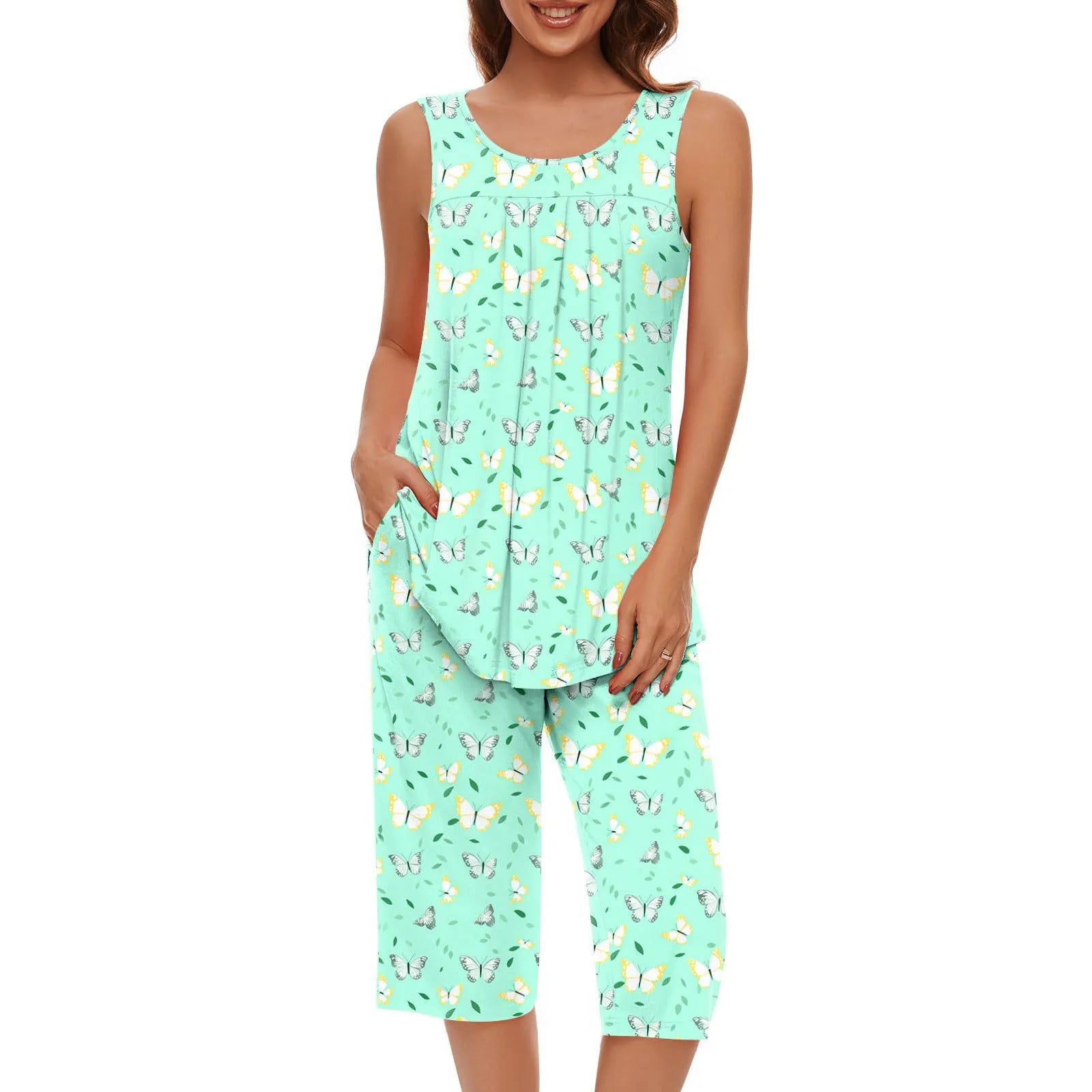 Women Soft Sleeveless Tank Top Sleepwear Capri Pants with Pocket Loungewear Sets Pajamas Sets Loose Satin Home Gown