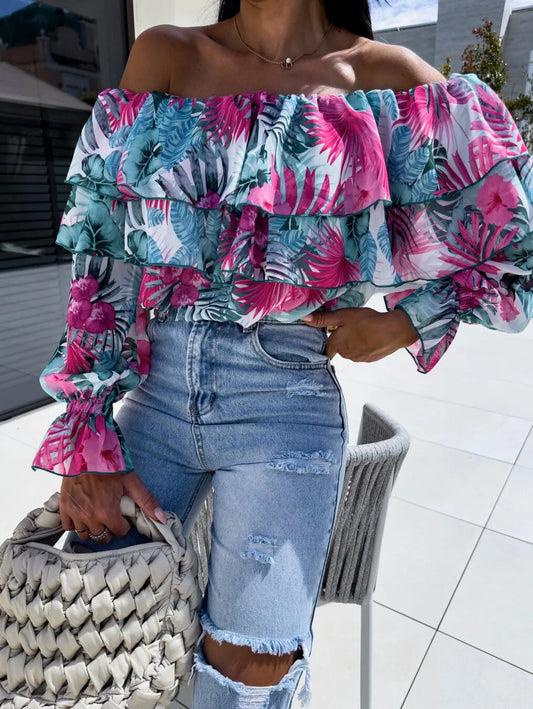 Women'S Boho Blouse off Shoulder Long Sleeve Shirts Holiday Floral Print Blusas Ruffled Elegant Chic Blouses Vacation Beach Tops