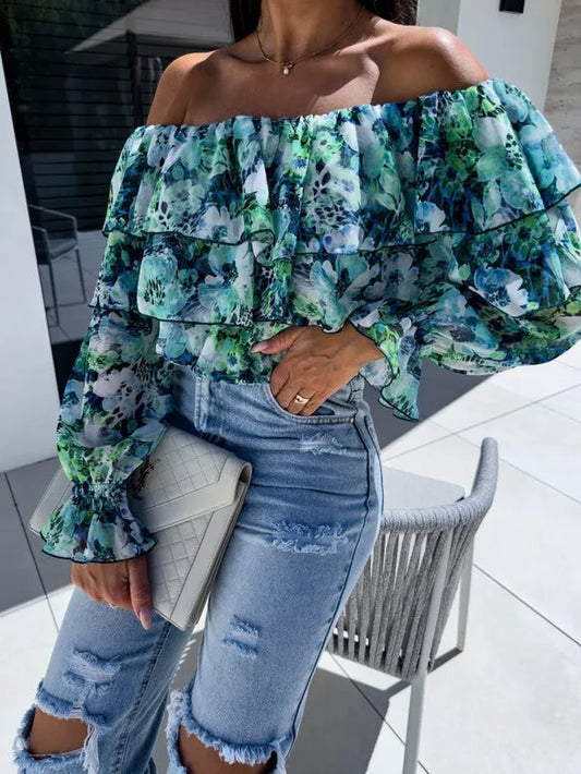 Women'S Boho off the Shoulder Long Sleeve Blouse Tops Casual Floral Print Puffy Sleeve Ruffled Shirts 3 4 Sleeve Top Shirt