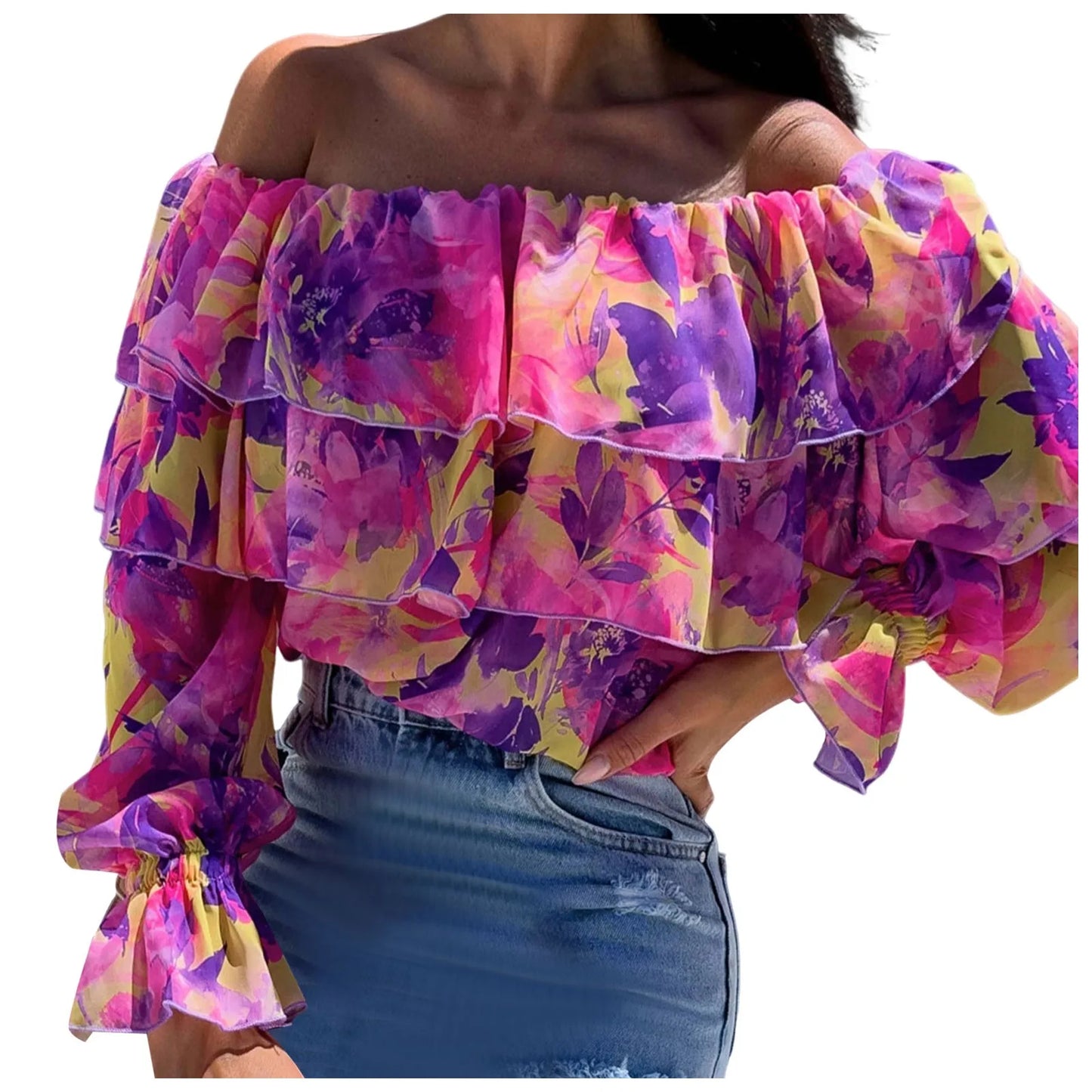 Women'S Boho Blouse off Shoulder Long Sleeve Shirts Holiday Floral Print Blusas Ruffled Elegant Chic Blouses Vacation Beach Tops