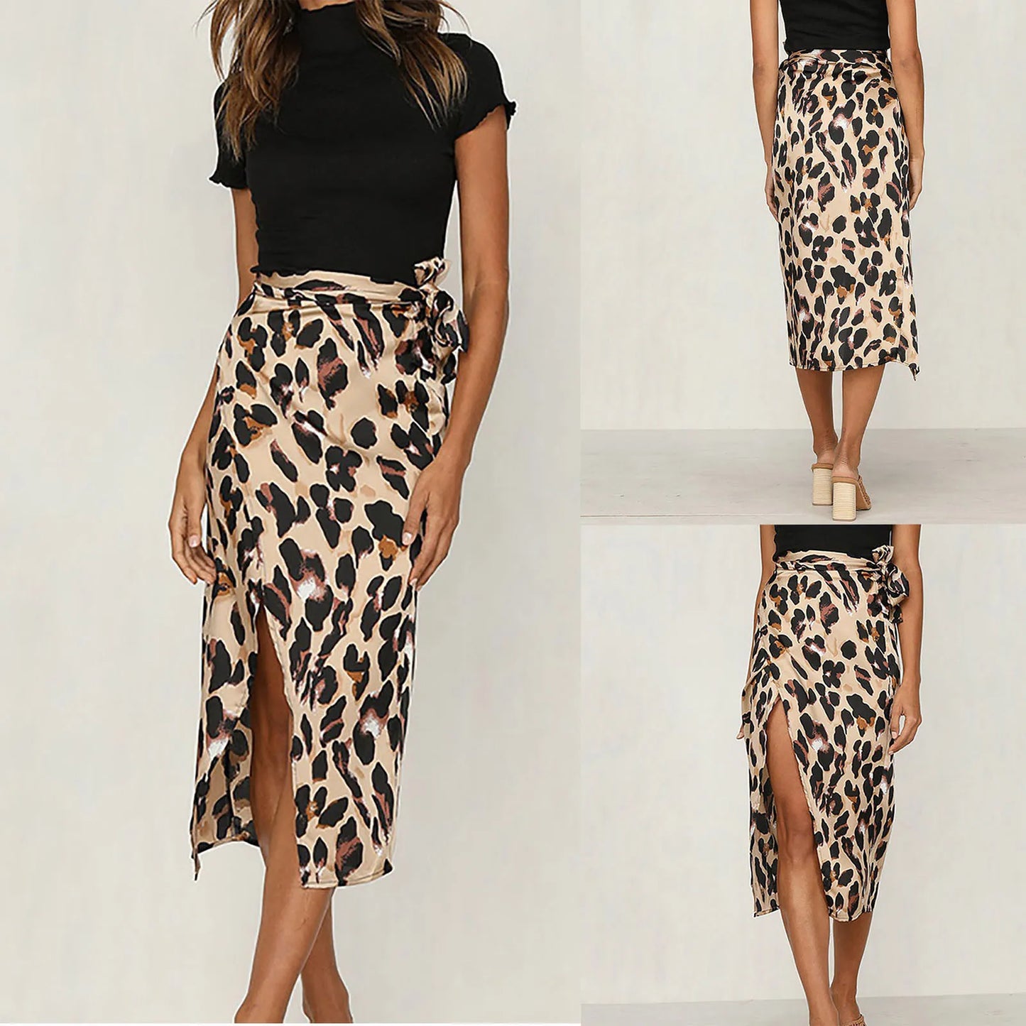 Fashion Leopord Midi Skirt Women'S Side Split High Waist Wrapped Knot Long Skirt Summer Beach Sarong Skirt Female Faldas