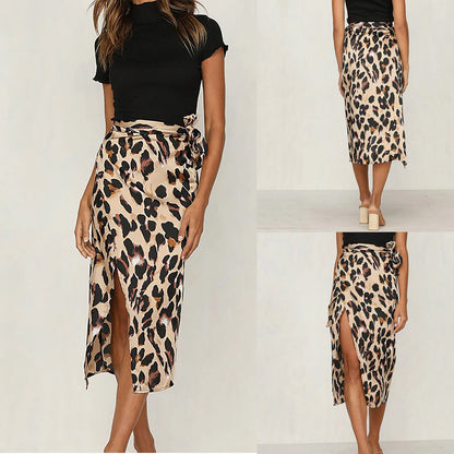 Fashion Leopord Midi Skirt Women'S Side Split High Waist Wrapped Knot Long Skirt Summer Beach Sarong Skirt Female Faldas