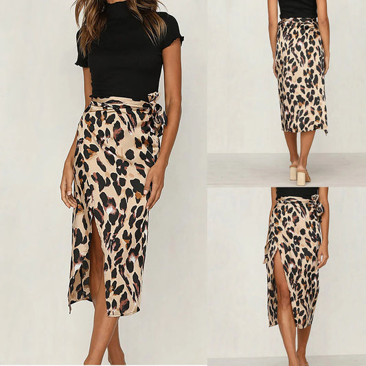 Fashion Leopord Midi Skirt Women'S Side Split High Waist Wrapped Knot Long Skirt Summer Beach Sarong Skirt Female Faldas