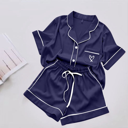 Ice Silk Pajama Sets for Women Heart Comfy Short Sleeve Shirts with Shorts Set 2Pcs Pyjamas Loungewear Spring Summer Homewear