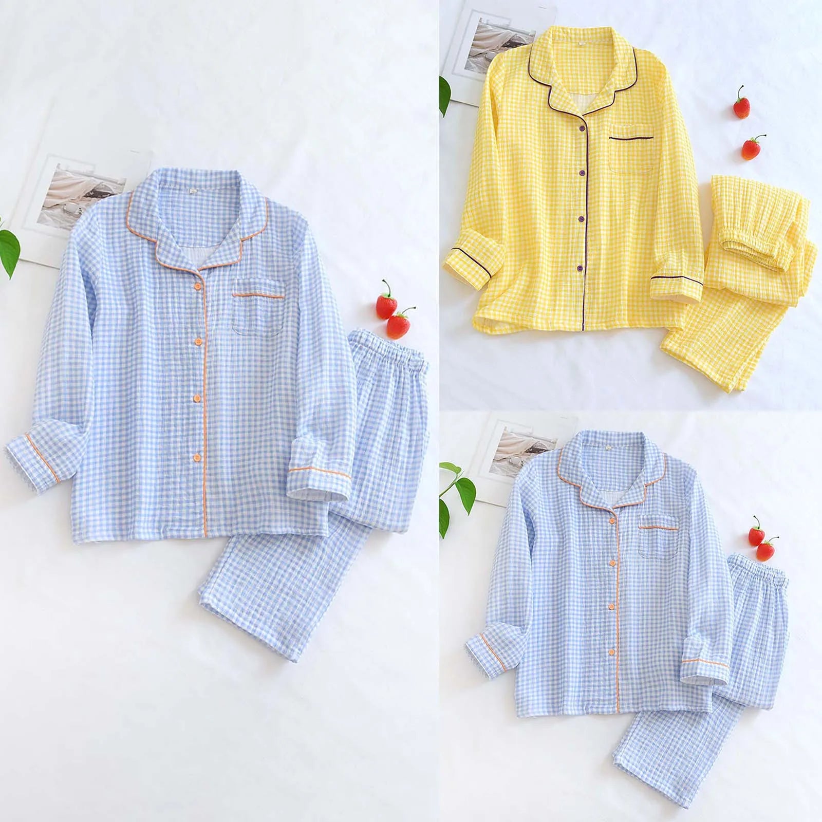 Solid Breathable Lovers 100％ Cotton Crepe Pajamas Sets Women Men Autumn Long Sleeve Fresh Soft Pijama Mujer Casual Pyjamas