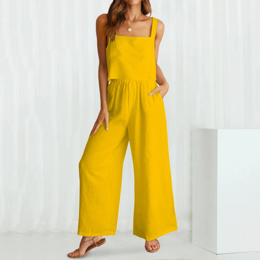 Business Suit Women'S 2 Piece Outfits Square Neck Linen Tank Crop Top Wide Leg Pants Matching Set Work Formal Simple Clothes