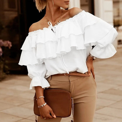 Womens off Shoulder Ruffle Long Sleeve Blouses Casual Layered Tops Womens Solid Color Blouses Tops Office Lady Commuter Outfits