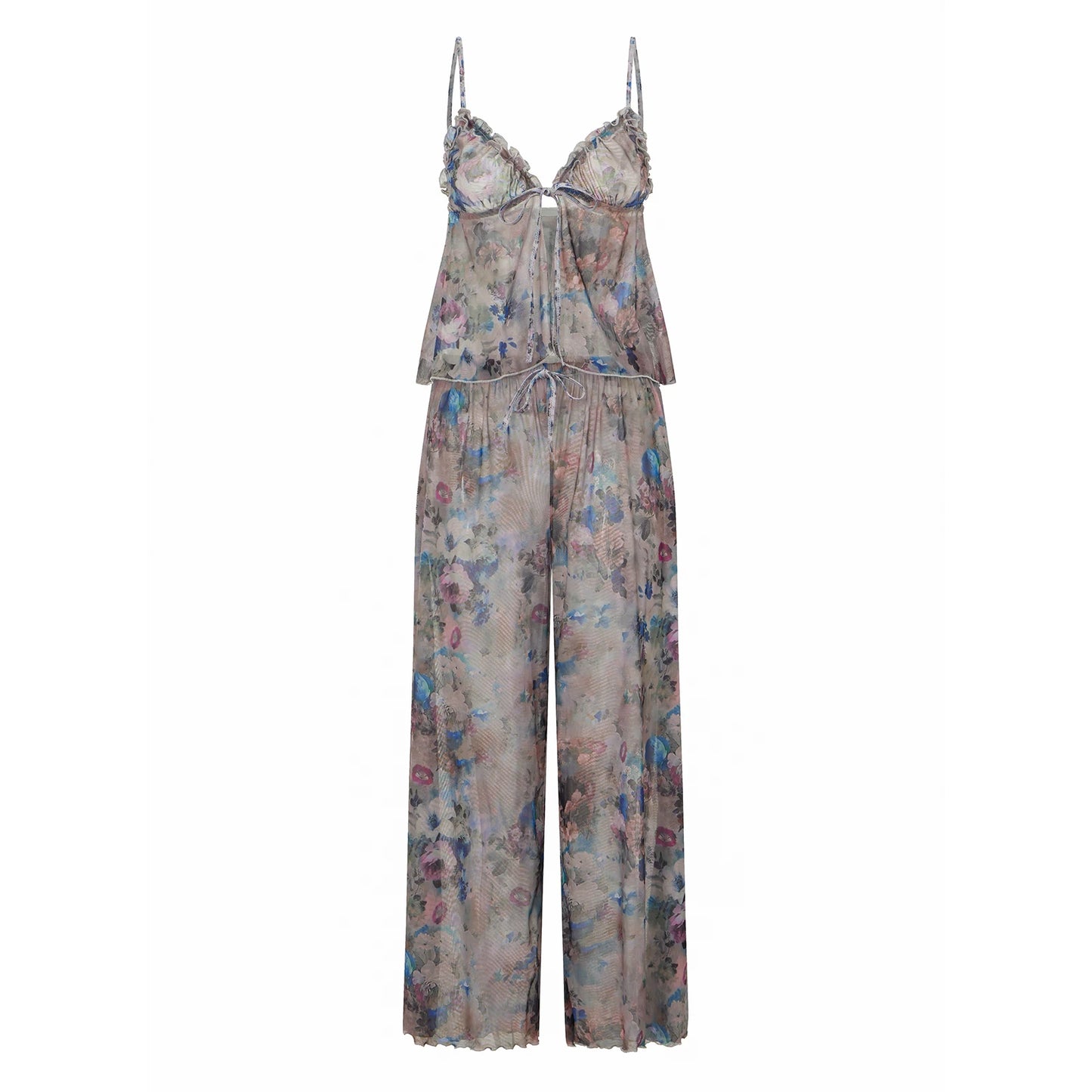 Women S Floral Print Pajama Set with Tie-Up Backless Camisole and Matching Pants for Sleepwear and Loungewear
