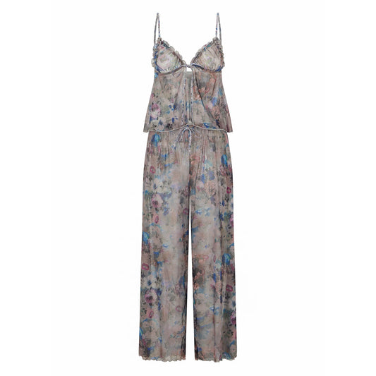 Women S Floral Print Pajama Set with Tie-Up Backless Camisole and Matching Pants for Sleepwear and Loungewear