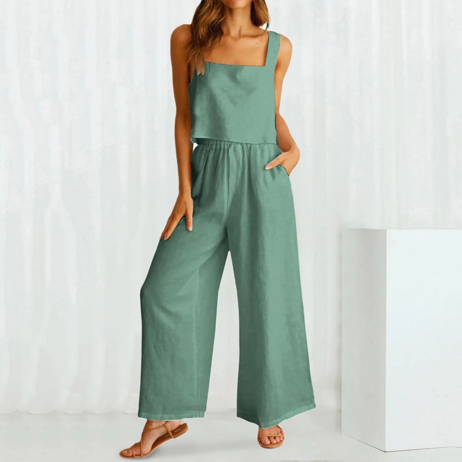 Business Suit Women'S 2 Piece Outfits Square Neck Linen Tank Crop Top Wide Leg Pants Matching Set Work Formal Simple Clothes