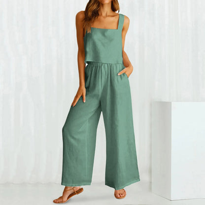 Business Suit Women'S 2 Piece Outfits Square Neck Linen Tank Crop Top Wide Leg Pants Matching Set Work Formal Simple Clothes