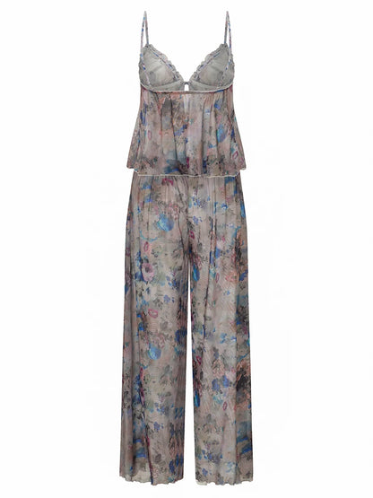 Women S Floral Print Pajama Set with Tie-Up Backless Camisole and Matching Pants for Sleepwear and Loungewear
