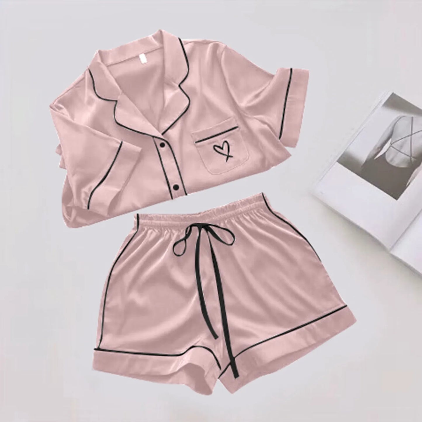 Ice Silk Pajama Sets for Women Heart Comfy Short Sleeve Shirts with Shorts Set 2Pcs Pyjamas Loungewear Spring Summer Homewear