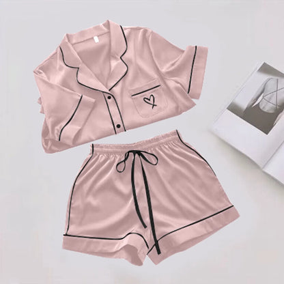 Ice Silk Pajama Sets for Women Heart Comfy Short Sleeve Shirts with Shorts Set 2Pcs Pyjamas Loungewear Spring Summer Homewear