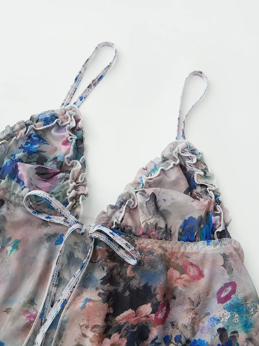 Women S Floral Print Pajama Set with Tie-Up Backless Camisole and Matching Pants for Sleepwear and Loungewear