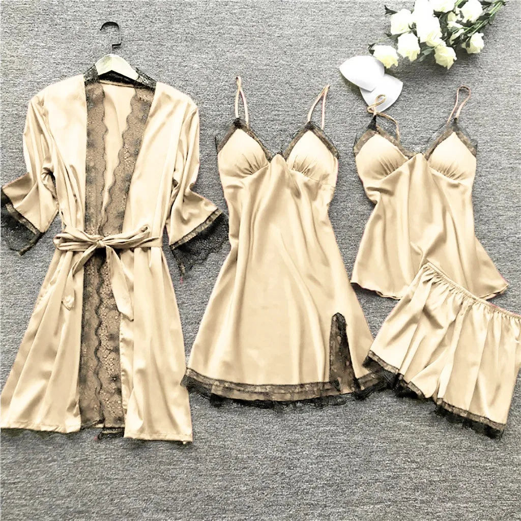 Lace Silk Pajamas Set Nightdress Sexy Lingerie Robe Women Sleepwear 4 Pieces Suits Sleeping Top and Shorts Femme Pijama Mujer Pj