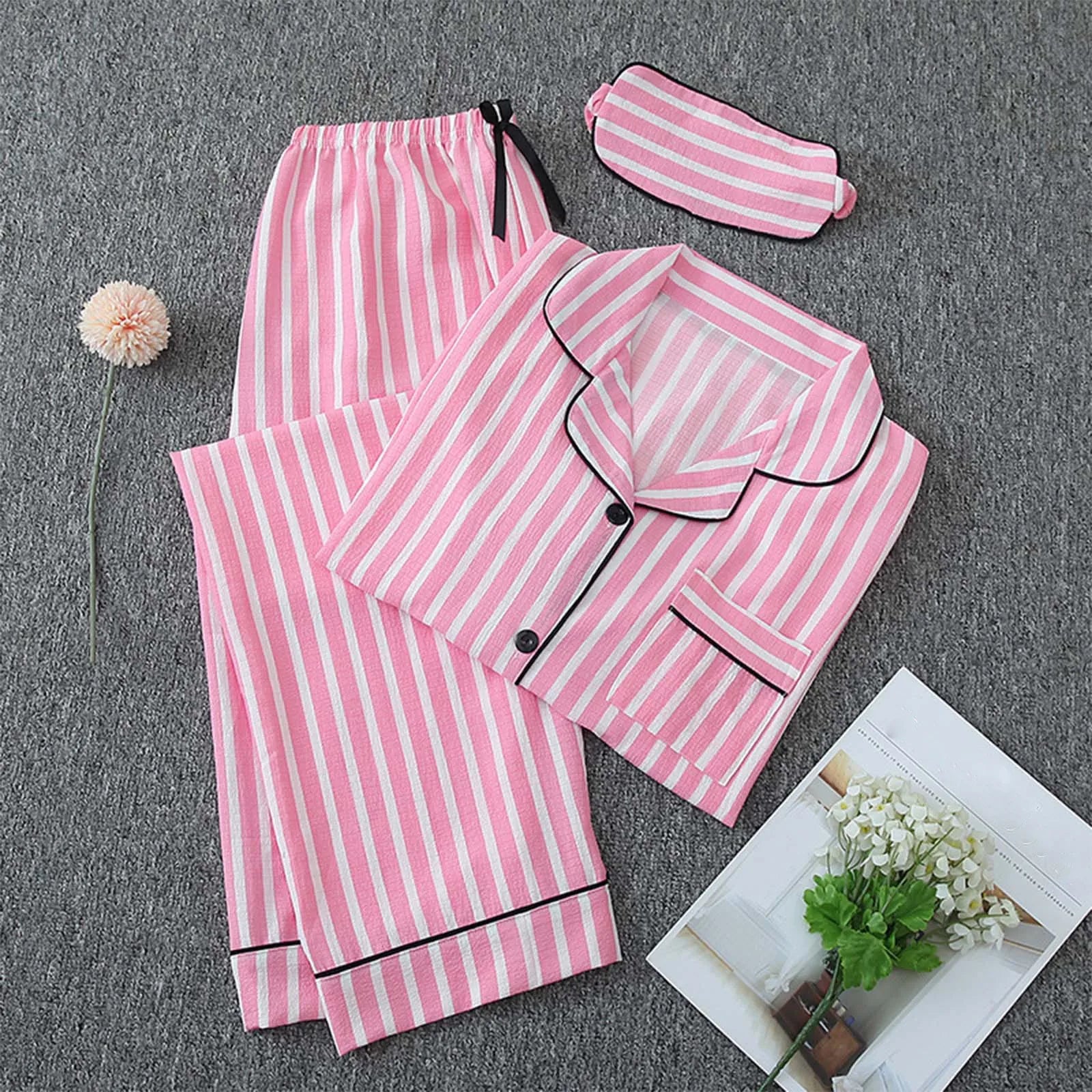 Women'S Pajama Set Long Sleeve Button Pajamas Two Piece Set Striped Sleepwear Casual Set with Eye Sexy Nightwear Women