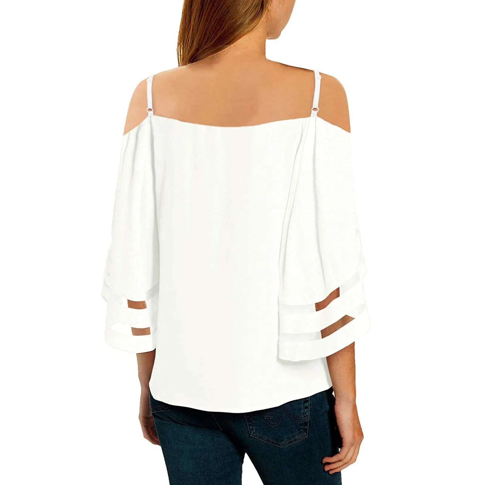 Women'S Mesh Hollow Out Blouses Sexy off the Shoulder Flare Sleeve White Shirts Fashoin Casual V-Neck Tunic Elegant Lady Tops