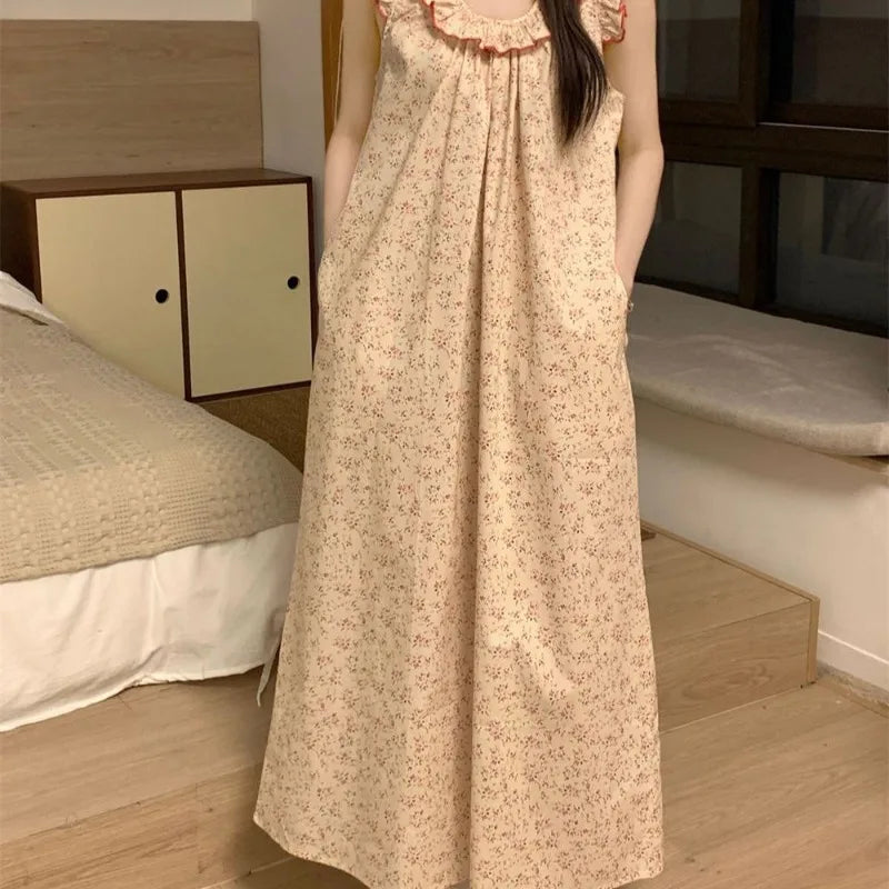 Women Nightgown Sleeveless Sleepwear Floral Nightwear Korean Fashion Home Wears Summer One Piece Pajamas Casual Night Dress New