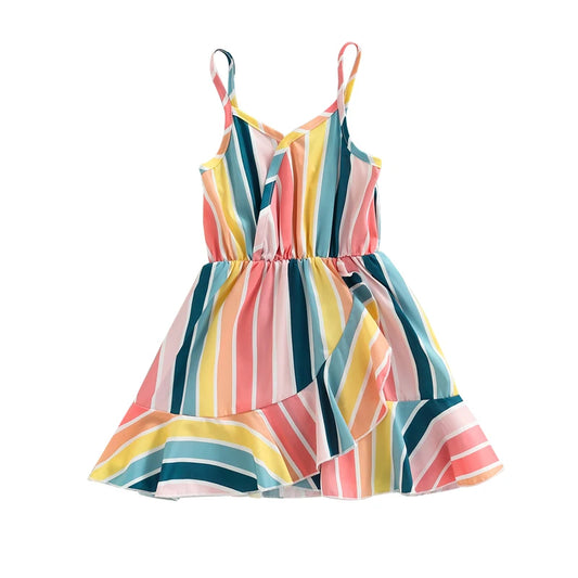1-6Y Toddler Little Girls Summer Dress Clothing Colorful Striped Printed Ruffles A-Line Sundress