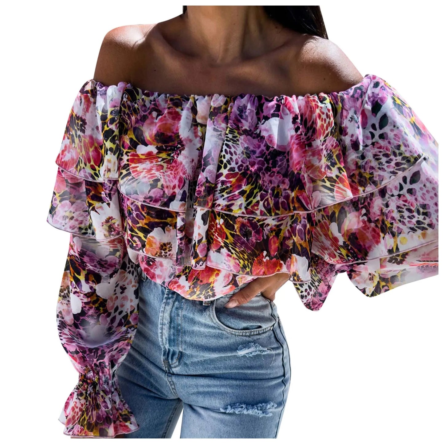 Women'S Boho Blouse off Shoulder Long Sleeve Shirts Holiday Floral Print Blusas Ruffled Elegant Chic Blouses Vacation Beach Tops