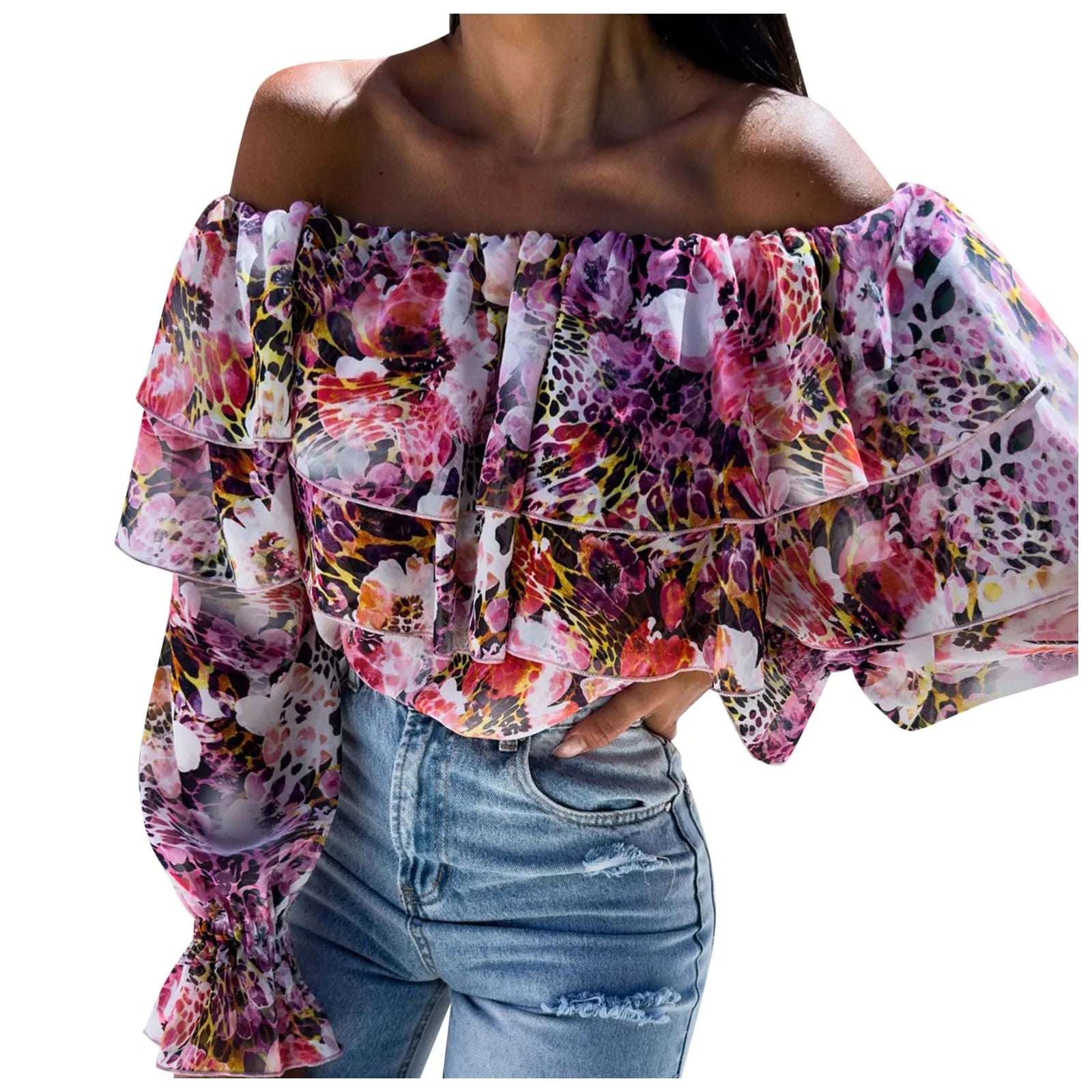 Women'S Boho Blouse off Shoulder Long Sleeve Shirts Holiday Floral Print Blusas Ruffled Elegant Chic Blouses Vacation Beach Tops