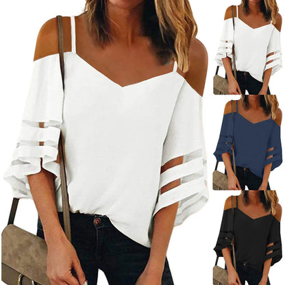 Women'S Mesh Hollow Out Blouses Sexy off the Shoulder Flare Sleeve White Shirts Fashoin Casual V-Neck Tunic Elegant Lady Tops