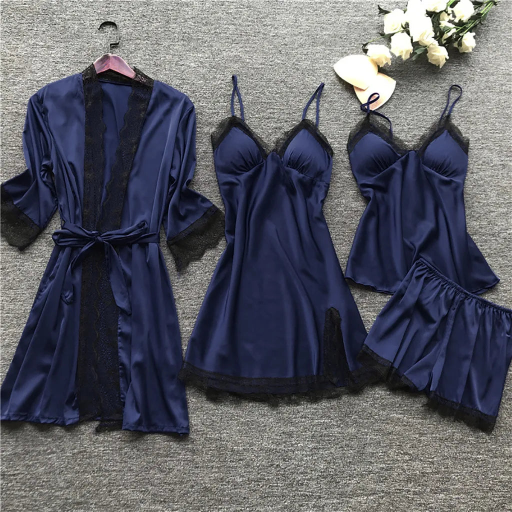Lace Silk Pajamas Set Nightdress Sexy Lingerie Robe Women Sleepwear 4 Pieces Suits Sleeping Top and Shorts Femme Pijama Mujer Pj