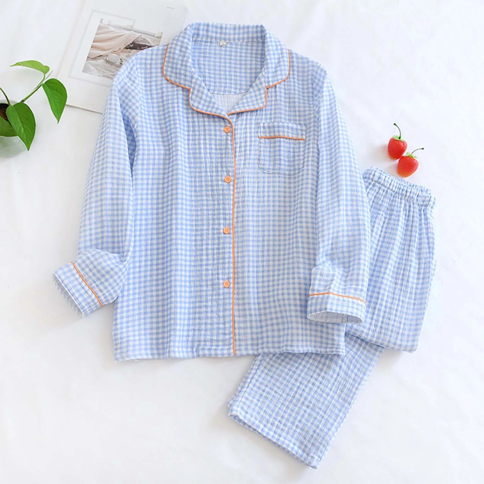 Solid Breathable Lovers 100％ Cotton Crepe Pajamas Sets Women Men Autumn Long Sleeve Fresh Soft Pijama Mujer Casual Pyjamas