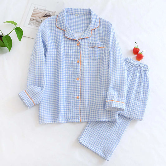 Solid Breathable Lovers 100％ Cotton Crepe Pajamas Sets Women Men Autumn Long Sleeve Fresh Soft Pijama Mujer Casual Pyjamas