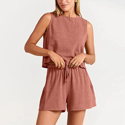 Casual Two Piece Set for Women Summer Loose Sleeveless Vest and Shorts Set Cotton Linen Pants Sets for Women All Matching Outfit
