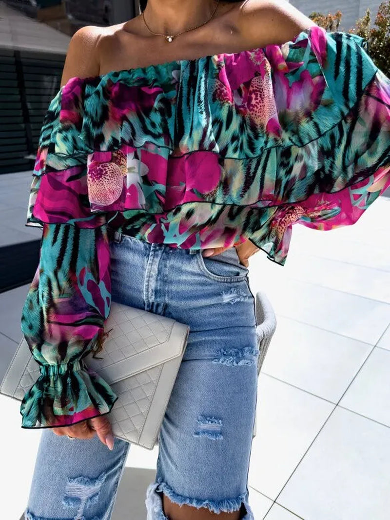 Women'S Boho Blouse off Shoulder Long Sleeve Shirts Holiday Floral Print Blusas Ruffled Elegant Chic Blouses Vacation Beach Tops