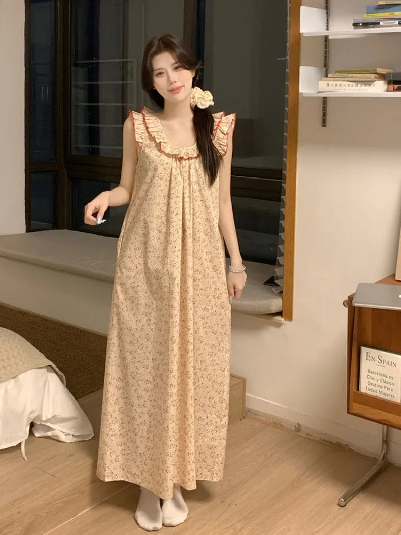 Women Nightgown Sleeveless Sleepwear Floral Nightwear Korean Fashion Home Wears Summer One Piece Pajamas Casual Night Dress New