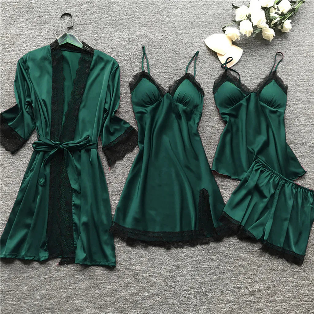 Lace Silk Pajamas Set Nightdress Sexy Lingerie Robe Women Sleepwear 4 Pieces Suits Sleeping Top and Shorts Femme Pijama Mujer Pj