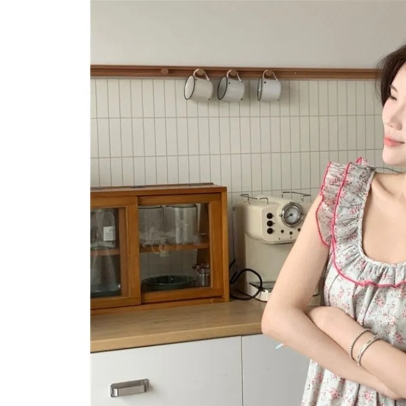Women Nightgown Sleeveless Sleepwear Floral Nightwear Korean Fashion Home Wears Summer One Piece Pajamas Casual Night Dress New
