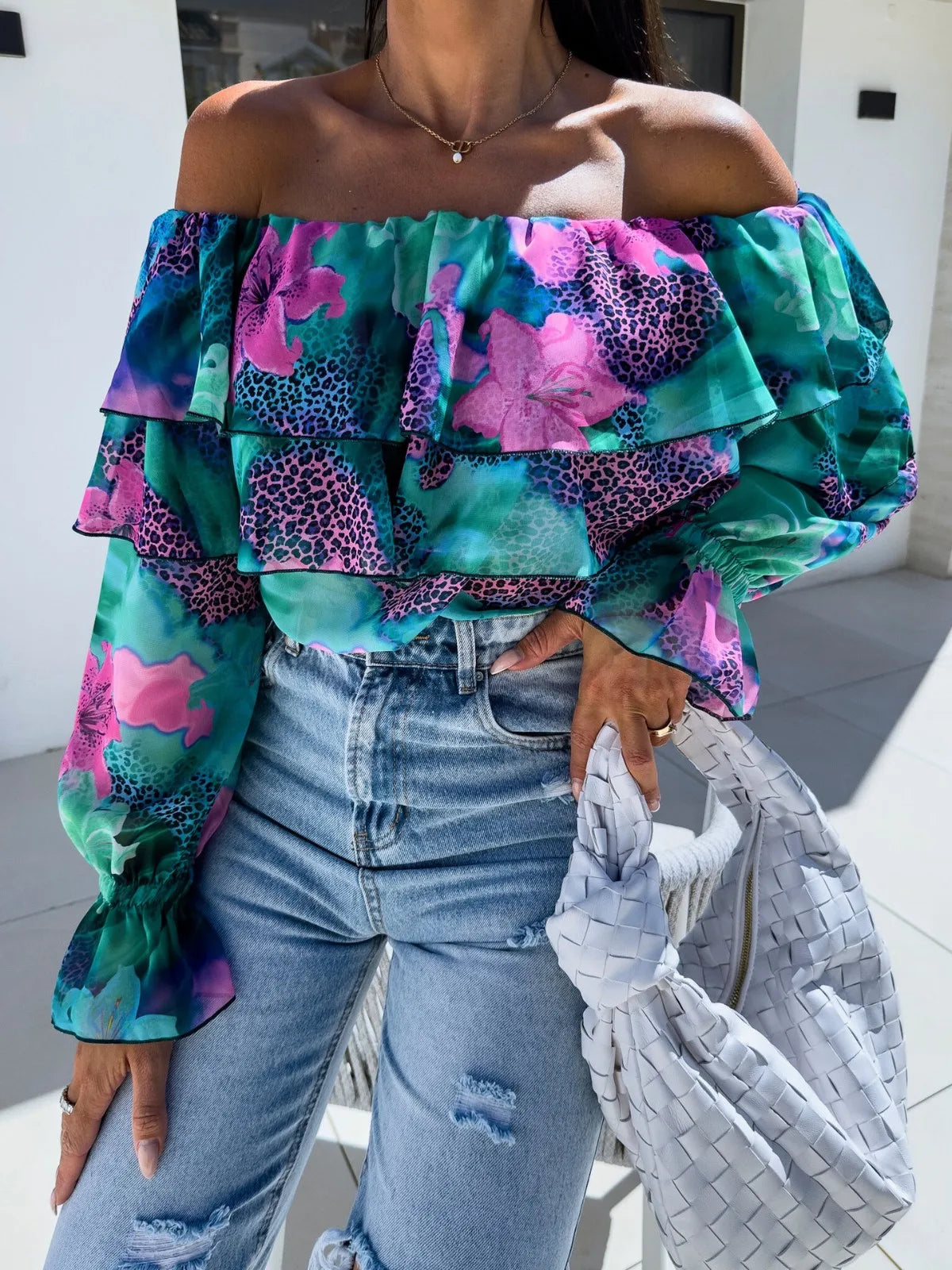 Women'S Boho off the Shoulder Long Sleeve Blouse Tops Casual Floral Print Puffy Sleeve Ruffled Shirts 3 4 Sleeve Top Shirt