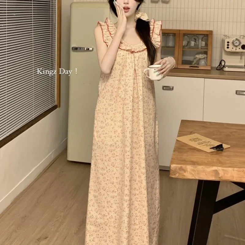Women Nightgown Sleeveless Sleepwear Floral Nightwear Korean Fashion Home Wears Summer One Piece Pajamas Casual Night Dress New