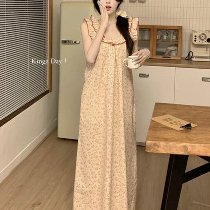 Women Nightgown Sleeveless Sleepwear Floral Nightwear Korean Fashion Home Wears Summer One Piece Pajamas Casual Night Dress New