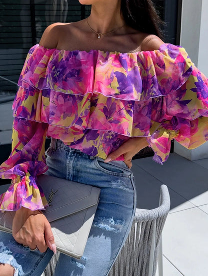 Women'S Boho off the Shoulder Long Sleeve Blouse Tops Casual Floral Print Puffy Sleeve Ruffled Shirts 3 4 Sleeve Top Shirt