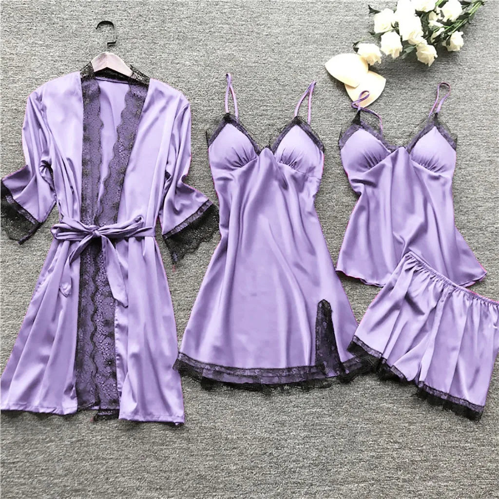 Lace Silk Pajamas Set Nightdress Sexy Lingerie Robe Women Sleepwear 4 Pieces Suits Sleeping Top and Shorts Femme Pijama Mujer Pj